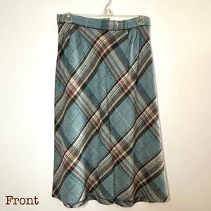 Vintage 60’s Wool Plaid A-Line Midi Skirt. Muted-Blue Brown Rust & Blue. Small.